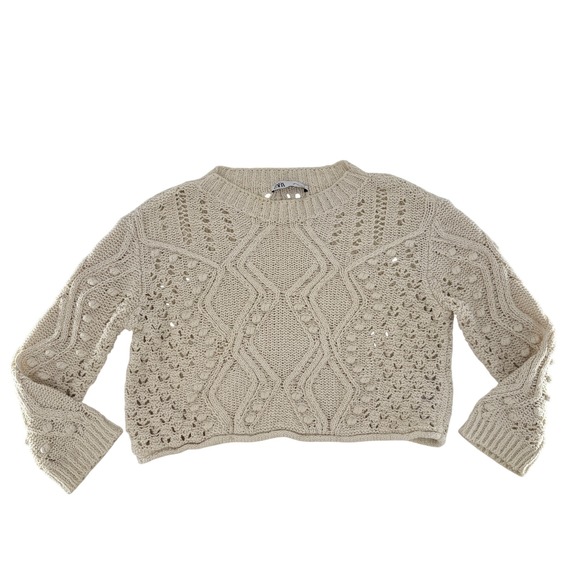 Zara Knit Cropped Sweater Small Cream Pom Pom Open Knit Boho Chic Pullover - Picture 4 of 11